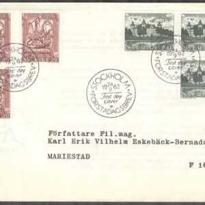 Sverige – FDC 1962-09-24 – Byggnadsminnen, 6 kpl Adressat Se beskrivning