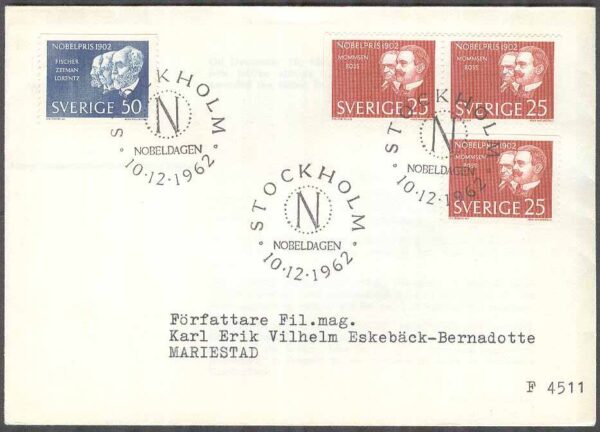 Sverige - FDC 1962-12-10 - Nobelpristagare 1902, 4 kpl Adressat Se beskrivning