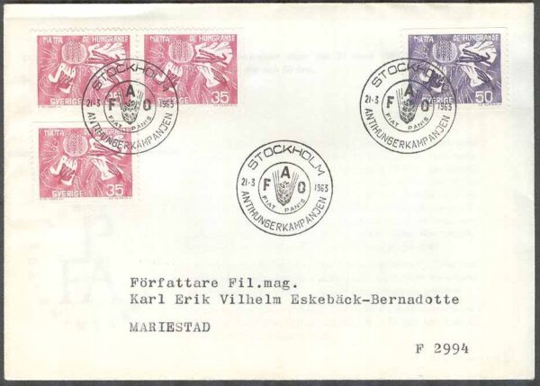 Sverige - FDC 1963-03-21 - Världskampanj mot hunger, 4 kpl Adressat Se beskrivning