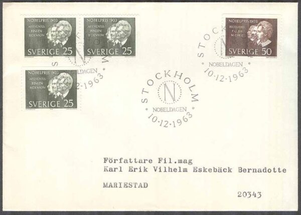 Sverige - FDC 1963-12-10 - Nobelpristagare 1903, 4 kpl Adressat Se beskrivning