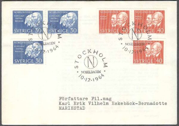 Sverige - FDC 1964-12-10 - Nobelpristagare 1904, 4 kpl Adressat Se beskrivning