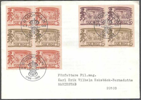 Sverige - FDC 1966-06-15 - Drottningholmst, Delat Block kpl Adressat Se beskrivning
