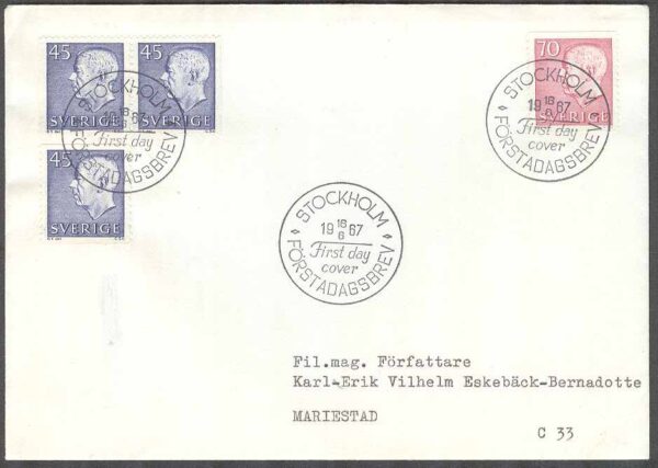 Sverige - FDC 1967-06-16 - Gustaf VI Adolf Typ III, 4 kpl Adressat Se beskrivning