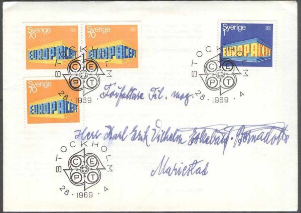 Sverige - FDC 1969-04-28 - Europa CEPT 1969 - 10 år, 4 kpl Adressat Se beskrivning