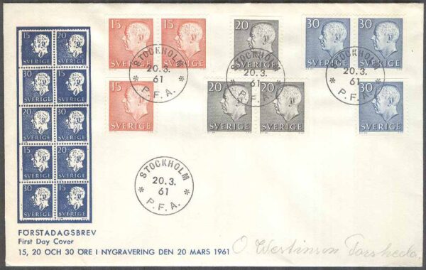 Sverige - FDC 1961-03-20 - Gustaf VI Adolf Typ II, 9 kpl Vinjett 2 Adressat