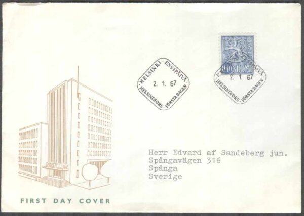 Finland - FDC 1967-01-02 - Lejontyp m/63 Bruksserie III, 1 kpl Vinjett 2 Adressat