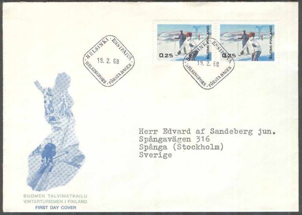 Finland - FDC 1968-02-19 - Vinterturism, 1 kpl Vinjett 4 Adressat
