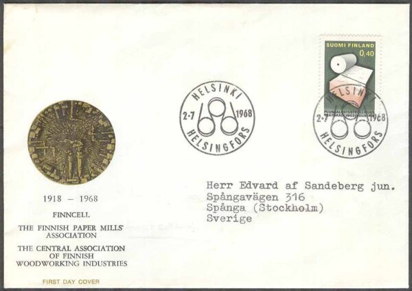 Finland - FDC 1968-07-02 - Träförädlingsindustrin, 1 kpl Vinjett 5 Adressat