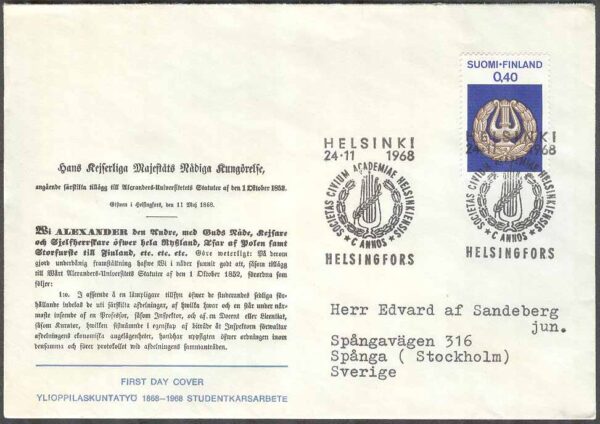 Finland - FDC 1968-11-24 - Studentkårerna, 1 kpl Vinjett 5 Adressat