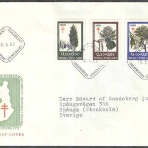 Finland – FDC 1969-05-12 – Antituberkulos: Träd, 3 kpl Vinjett 4 Adressat