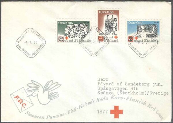 Finland - FDC 1970-05-08 - Röda Korset - Sju Bröder, 3 kpl Vinjett 4 Adressat