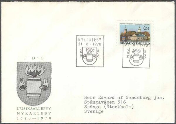 Finland - FDC 1970-08-21 - Nykarleby 350 år, 1 kpl Vinjett 6 Adressat