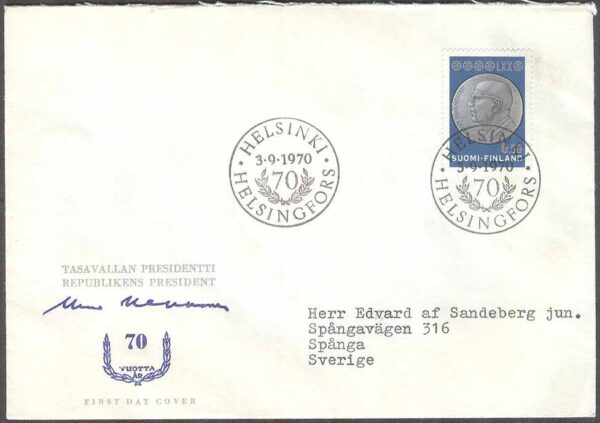 Finland - FDC 1970-09-03 - President Kekkonen 70 år, 1 kpl Vinjett 5 Adressat