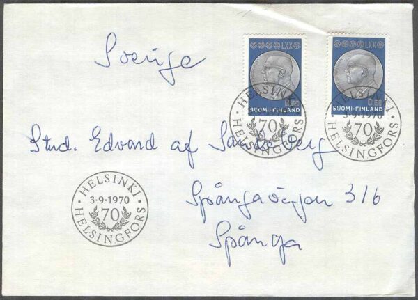 Finland - FDC 1970-09-03 - President Kekkonen 70 år, 2 kpl Adressat