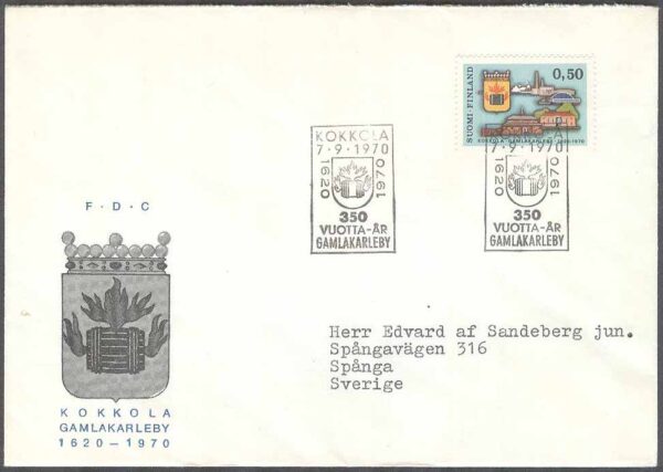Finland - FDC 1970-09-07 - Gamlakarleby 350 år, 1 kpl Vinjett 6 Adressat