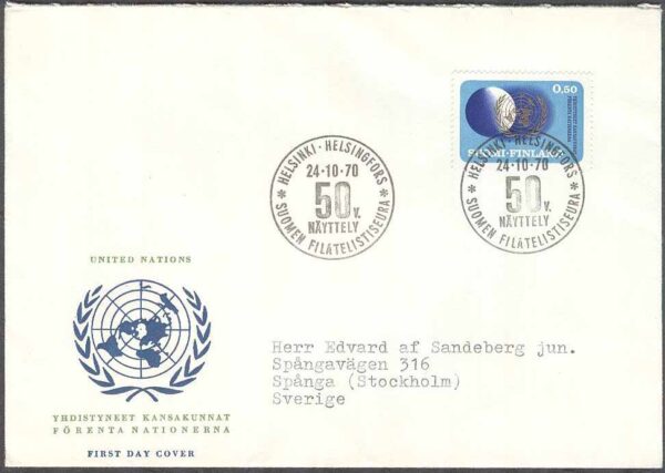 Finland - FDC 1970-10-24 - FN 25 år, 1 kpl Vinjett 5 Adressat