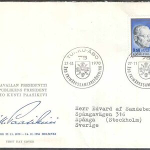 Finland – FDC 1970-11-27 – President Paasikivi, 1 kpl Vinjett 6 Adressat