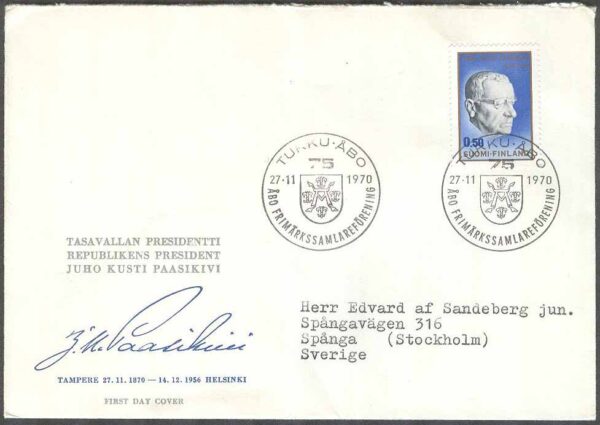 Finland - FDC 1970-11-27 - President Paasikivi, 1 kpl Vinjett 6 Adressat