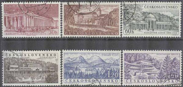 Tjeckoslovakien - M 1085-1090 Byggnader III bla Borgen Podiebrad, 6 kpl