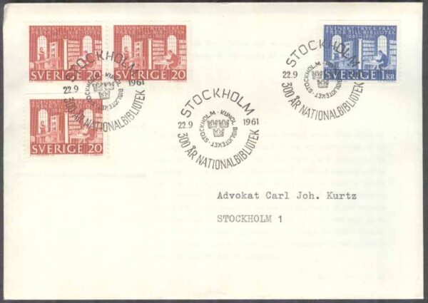 Sverige - FDC 1961-09-22 - Kungl Biblioteket, 4 kpl Adressat