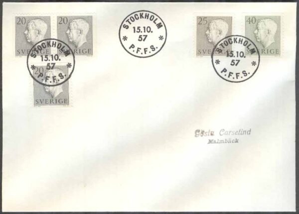 Sverige - FDC 1957-10-15 - Gustaf VI Adolf Typ II, 6 kpl Adressat