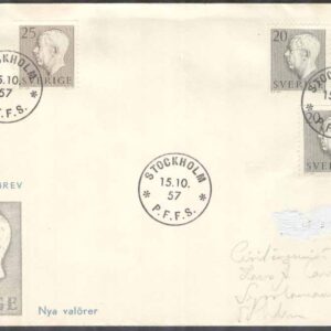 Sverige – FDC 1957-10-15 – Gustaf VI Adolf Typ II, 6 kpl Vinjett 1 Adressat