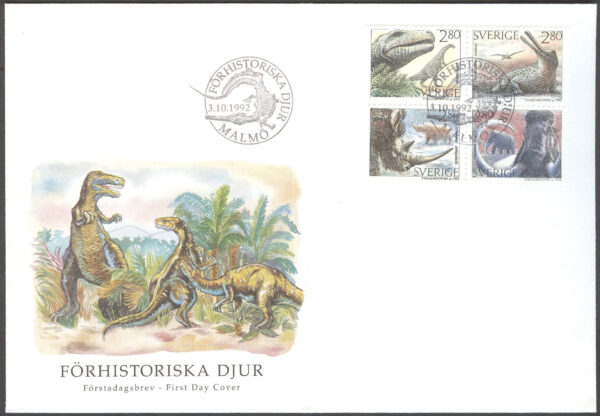 Sverige - FDC 1992-10-03 - Förhistoriska djur, 4 kpl Vinjett 1