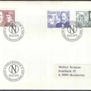 Sverige – FDC 1975-12-10 – Nobelpristagare 1915, 3 kpl Litet Posthorn svart Adressat
