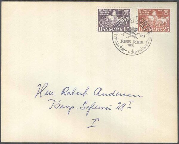 Danmark - FDC 1951-04-01 - Frimärksjubileet - Hästar med vagn, 2 kpl Adressat