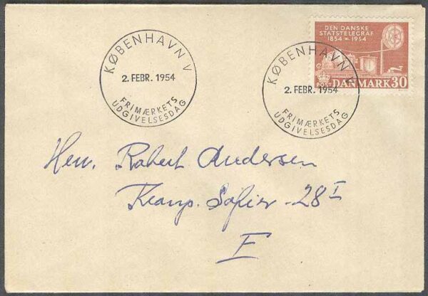 Danmark - FDC 1954-02-02 - Telegrafverket 100 år, 1 kpl Adressat
