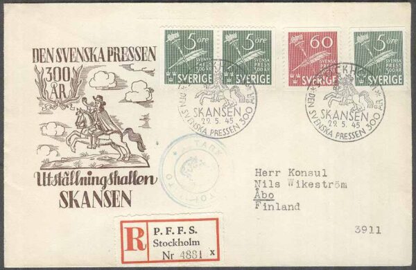 Sverige - FDC 1945-05-29 - Svensk Press 300 år, 4 kpl Vinjett 1 REK + Adressat