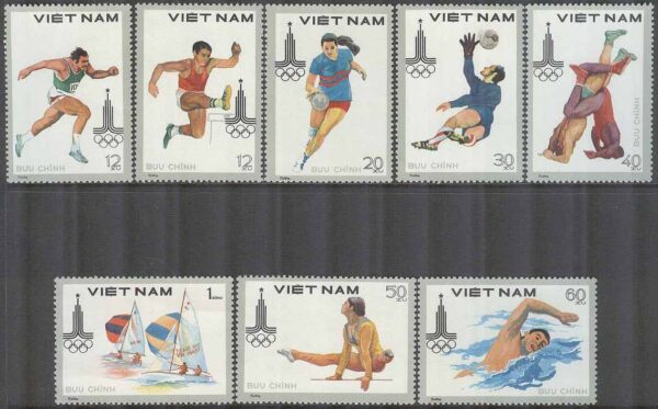 Vietnam - M 1093-1100 OS i Moskva 1980 bla Gymnastik & Fotboll, 8 kpl **