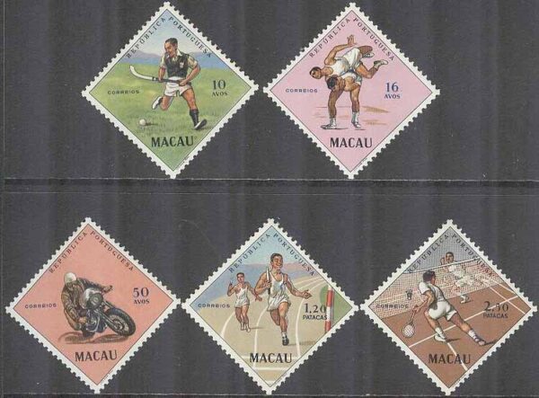 Macau - M  422-423, 425-427 Sport bla Landhockey & Badminton, 5 olika **