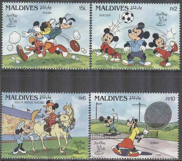 Maldiverna - M 1411, 1414, 1416-1417 Disneyfigurer i brittiska sporter, 4 olika **