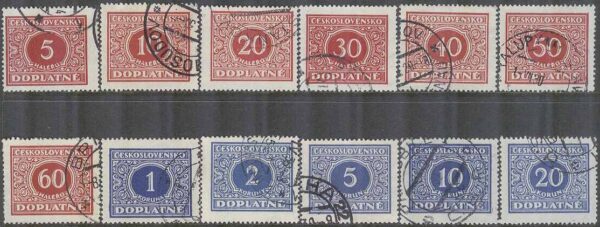 Tjeckoslovakien - M P   55-66 Siffertyp - Portomärken, 12 kpl