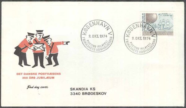 Danmark - FDC 1974-10-09 - Danska Postväsendet 350 år, märke Vinjett 9 Adressat