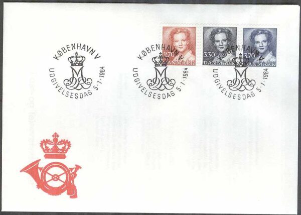 Danmark - FDC 1984-01-05 - Drottning Margrethe, Typ II, 3 kpl Vinjett 1