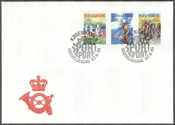 Danmark - FDC 1985-06-27 - Sport - Gymnastik - Kajak - Cykel, 3 kpl Vinjett 1