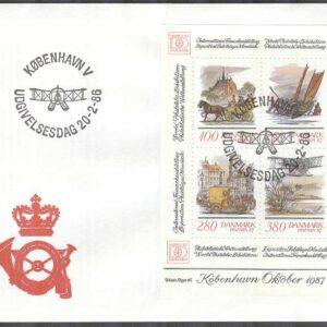 Danmark – FDC 1986-02-20 – Hafnia 87 bla Båt – Bil – Flyg – Häst, Block Vinjett 1