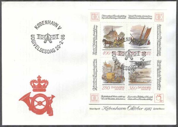 Danmark - FDC 1986-02-20 - Hafnia 87 bla Båt - Bil - Flyg - Häst, Block Vinjett 1