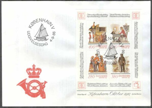 Danmark - FDC 1986-09-04 - Hafnia 87 bla Brevbärare, Block Vinjett 1