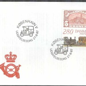 Danmark – FDC 1987-08-27 – Postkupévagn med lok, 1 kpl Vinjett 1