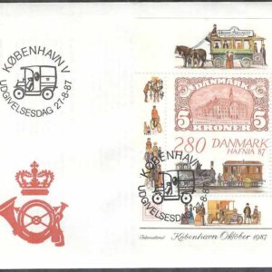 Danmark – FDC 1987-08-27 – Postkupévagn med lok, Block Vinjett 1