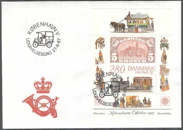 Danmark - FDC 1987-08-27 - Postkupévagn med lok, Block Vinjett 1