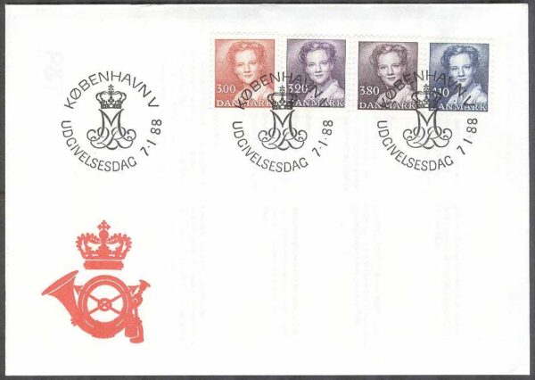 Danmark - FDC 1988-01-07 - Drottning Margrethe. Typ I, 4 kpl Vinjett 1