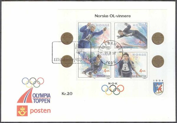 Norge - FDC 1992-02-21 - OS i Lillehammer 1994 bla Skidor, Block Vinjett 5