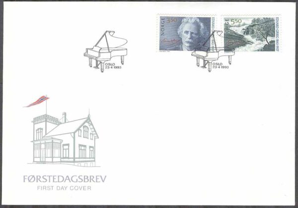 Norge - FDC 1993-04-23 - Edvard Grieg - Kompositör - Musik, 2 kpl Vinjett 1