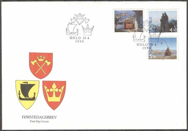 Norge - FDC 1994-04-19 - Turism - Norsk natur bla Järnväg, 3 kpl Vinjett 1