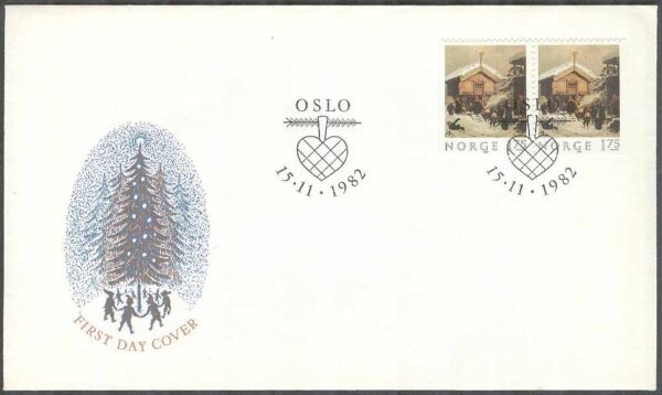 Norge - FDC 1982-11-15 - Jul 1982 - Julmotiv bla Byggnad, par kpl Vinjett 5