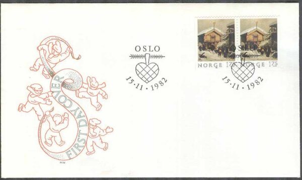 Norge - FDC 1982-11-15 - Jul 1982 - Julmotiv bla Byggnad, par kpl Vinjett 6